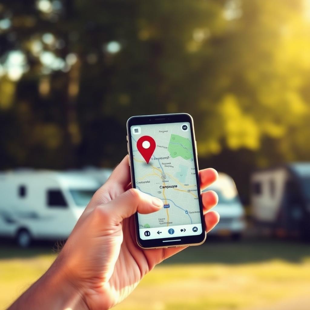Een hand houdt een telefoon vast met een kaart waarop een campingmarker staat.