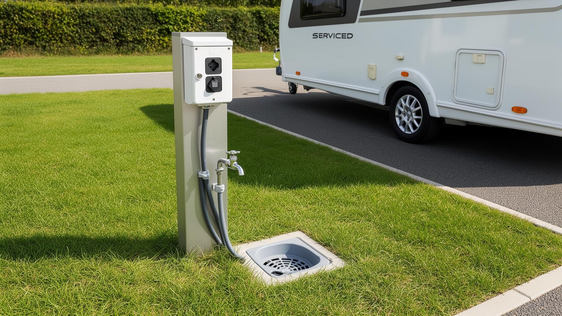 Een fully serviced camping pitch met een stroomkast, een wateraansluiting en een afvoerputje voor grijs water naast een caravan.