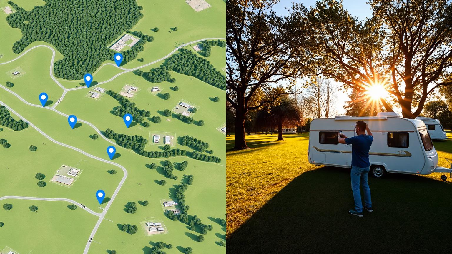 Een vergelijking tussen een luchtfoto van een camping en een echte grondfoto van een kampeerplek, om het verschil tussen Google Maps en PitchViewer te illustreren.